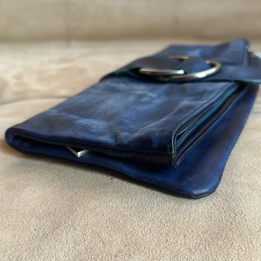 HOBO International MADELINE Soft Blue Leather Foldover Clutch Bag w/ Buckle
